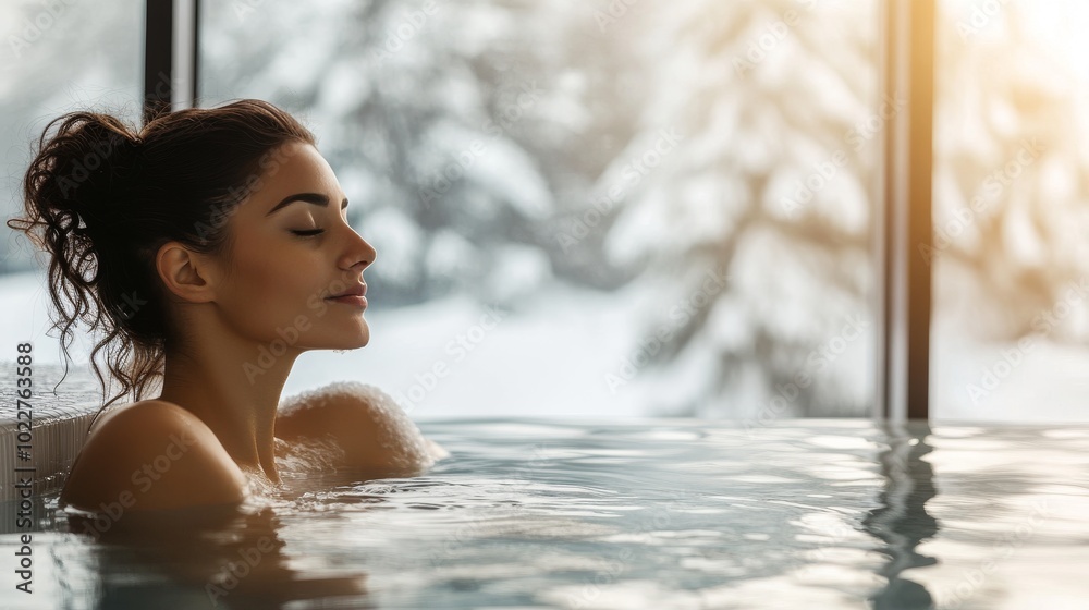 Woman in serene hot spring bath with snowy forest view, ideal for wellness retreats and winter relaxation promotions