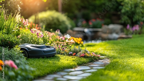 A robotic lawn mower operating on a sloped backyard lawn, perfectly trimmed patterns, small garden pond in the background, natural stone decorations,