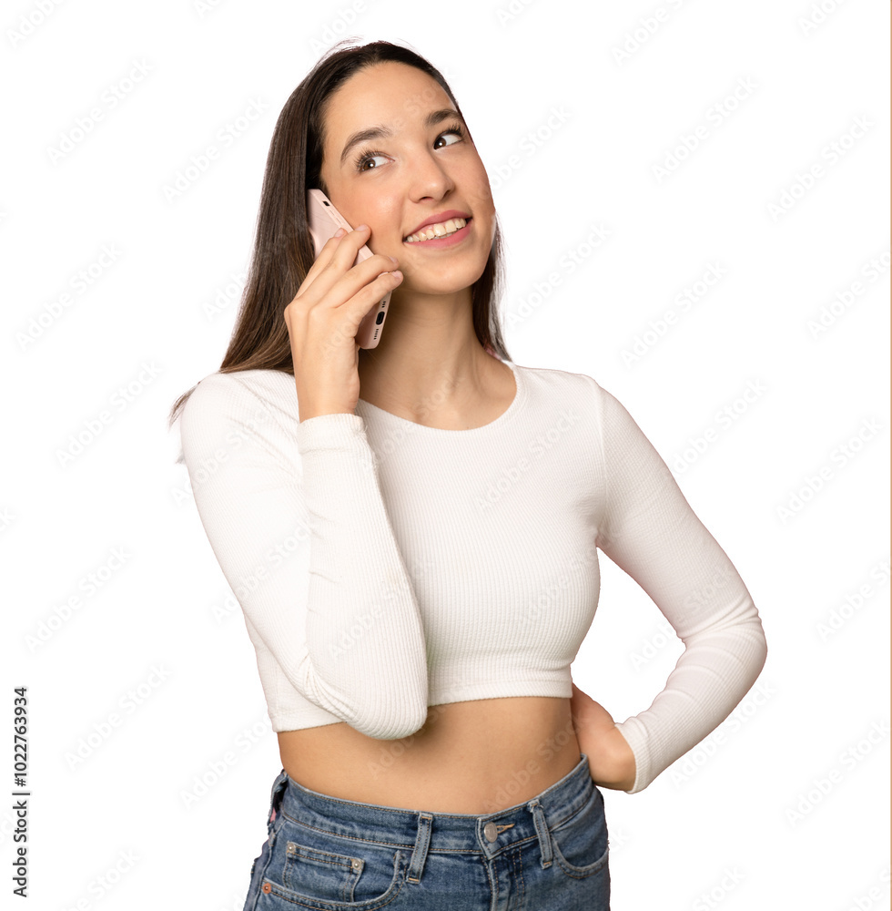 Young woman over transparent background keeping a conversation with the mobile phone with someone Young woman over transparent background keeping a conversation with the mobile phone with someone