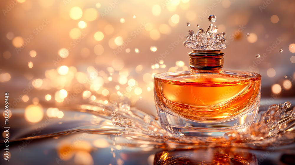 Transparent glass bottle with a lotion or perfumes in the water splash. Transparent glass bottle with a lotion or perfumes in the water splash.