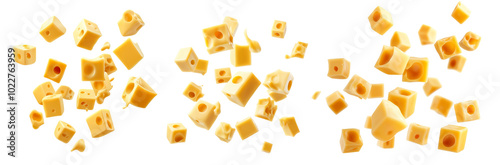 Set of  Pieces of cheese flying on transparent background. PNG format  photo