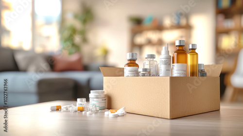 Cardboard box filled with various medical products on a table in a living room, showcasing essential health items for home care photo