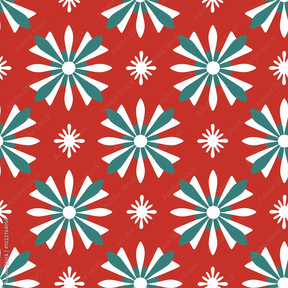 Geometric Snowflake Pattern in Red and Green for Christmas Gift Wrapping Geometric Snowflake Pattern in Red and Green for Christmas Gift Wrapping