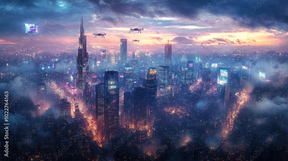 Obraz premium A futuristic city skyline at dusk with drones and vibrant lights amidst clouds.