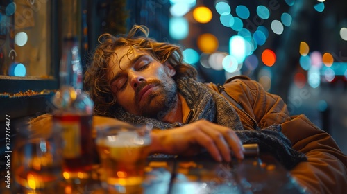 A young man rests his head on a bar counter, surrounded by drinks, as city lights twinkle in the background during a lively evening