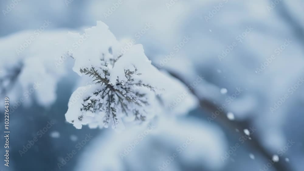 Peaceful winter scene with snow covered evergreen branch, creating tranquil atmosphere and ample copy space. Ideal for winter beauty and tranquility