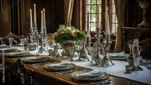 Elegant Dinner Table Setting with Silver Candelabras
