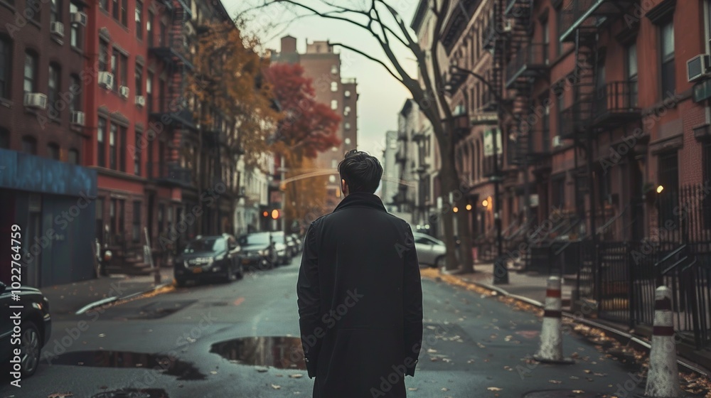 Man Walking Down a City Street in Autumn Man Walking Down a City Street in Autumn
