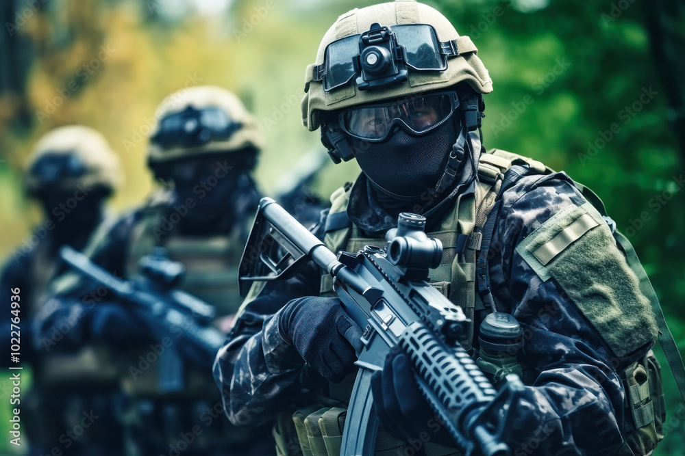 Chinese soldier in tactical gear surveys the environment while holding an assault rifle during a military training exercise in a forested area Chinese soldier in tactical gear surveys the environment while holding an assault rifle during a military training exercise in a forested area