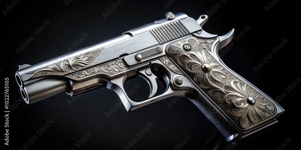 Sleek Silver Pistol with Intricate Design on a Dark Background for Firearm Enthusiasts and Collectors Sleek Silver Pistol with Intricate Design on a Dark Background for Firearm Enthusiasts and Collectors