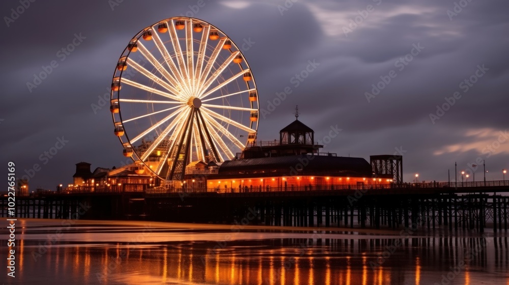 Illuminated Ferris Wheel on a Pier at Twilight Illuminated Ferris Wheel on a Pier at Twilight