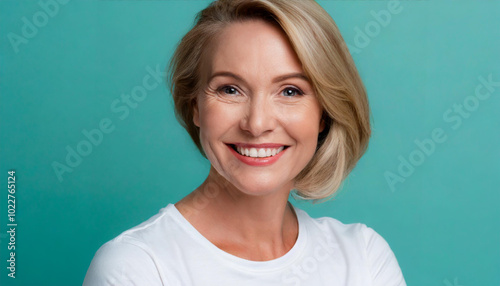 Smiling woman with blonde hair wearing a white shirt against a teal background in a cheerful indoor setting