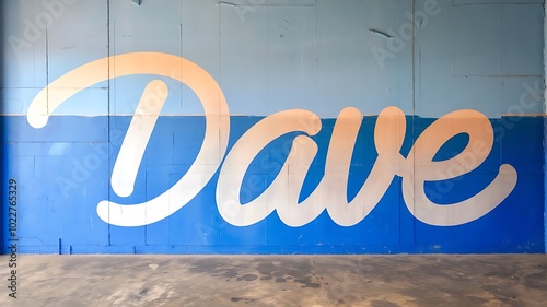 Bold modern cursive mural of name Dave on blue urban wall photo