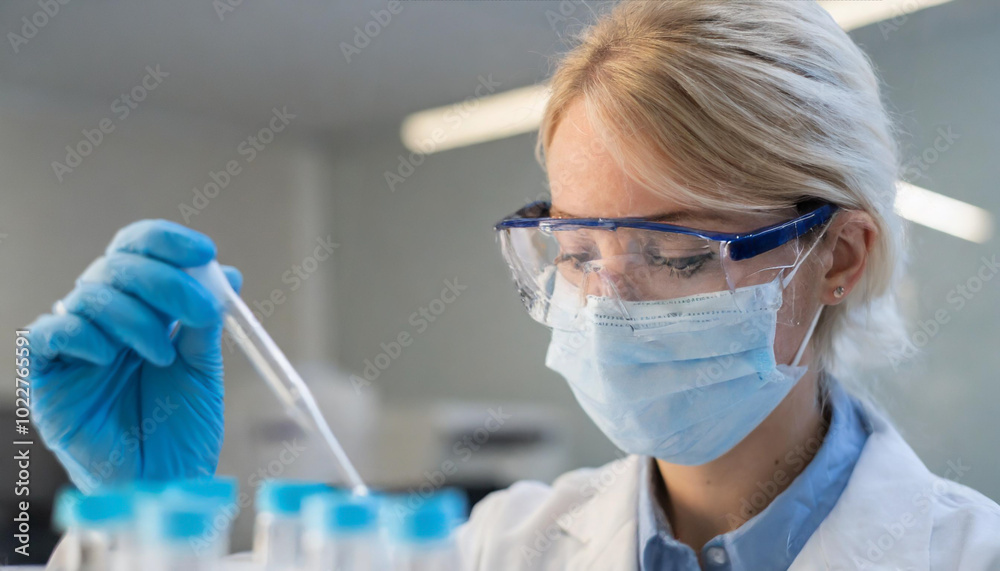 A scientist conducts a laboratory experiment using a pipette while wearing protective gear in a modern research facility A scientist conducts a laboratory experiment using a pipette while wearing protective gear in a modern research facility