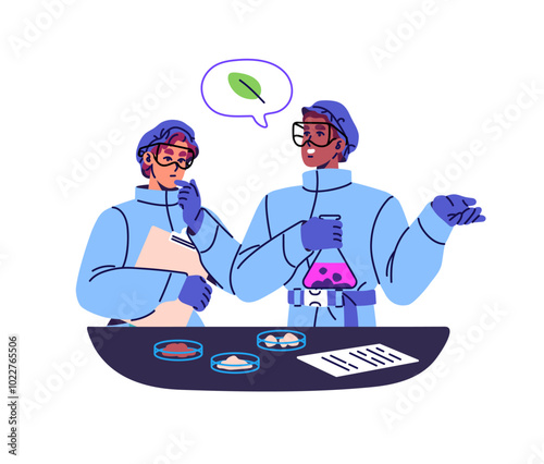 Scientists research in chemical laboratory. Science workers discover remedy in pharmacy lab. Doctors do clinical tests with medical flask, beaker. Flat isolated vector illustration on white background