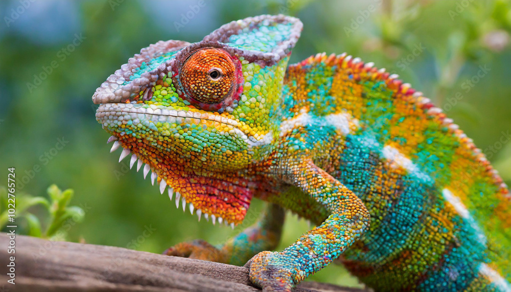 A vibrant chameleon perched on a branch among lush green foliage in a tropical setting during daylight hours A vibrant chameleon perched on a branch among lush green foliage in a tropical setting during daylight hours