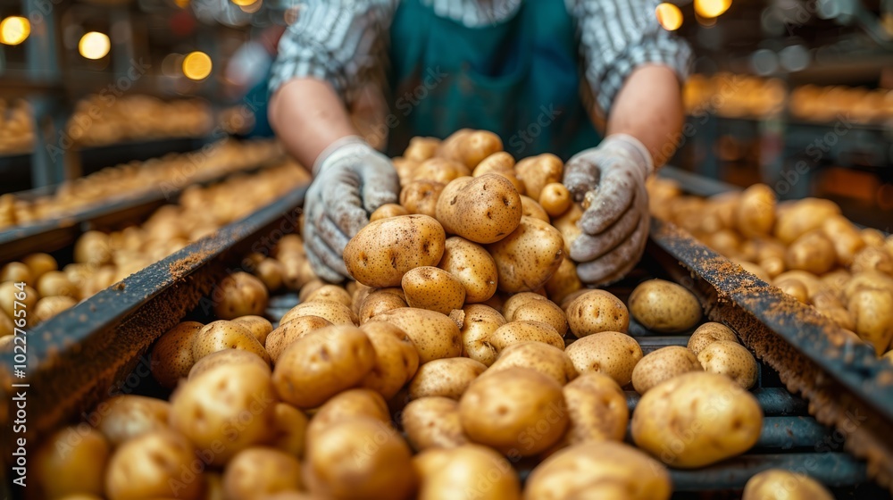 Workers sort through freshly harvested potatoes at a facility, preparing them for distribution during the busy harvest season Workers sort through freshly harvested potatoes at a facility, preparing them for distribution during the busy harvest season
