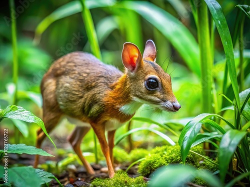 Small Mouse Deer Grazing in Lush Green Forest Habitat Surrounded by Nature and Wild Plants photo