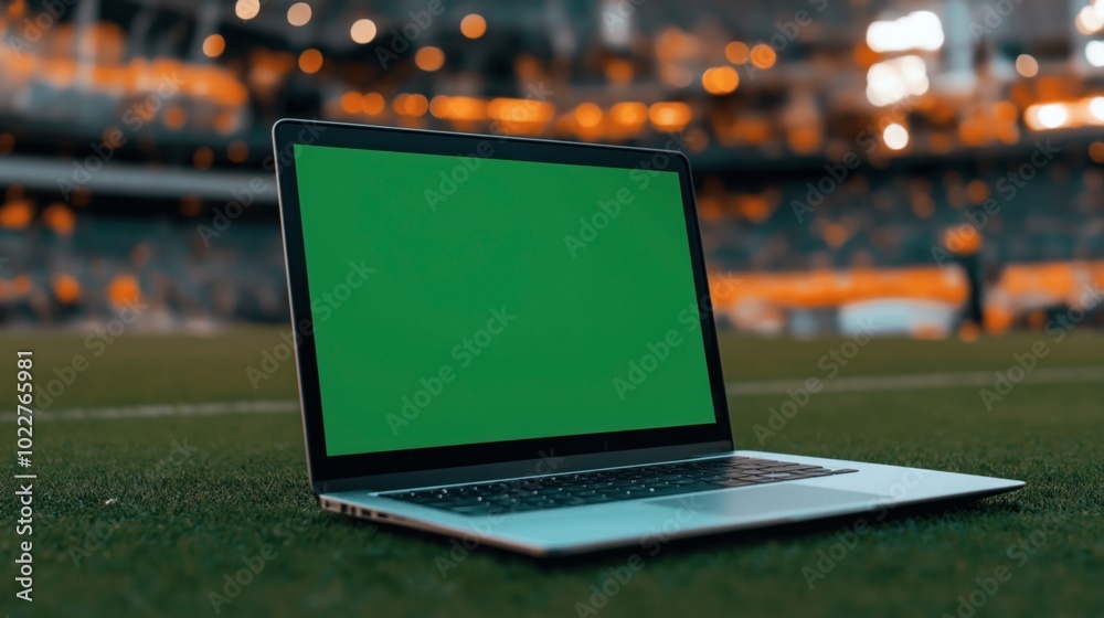 Laptop with green screen placed on a sports field with blurred stadium lights in the background. Laptop with green screen placed on a sports field with blurred stadium lights in the background.