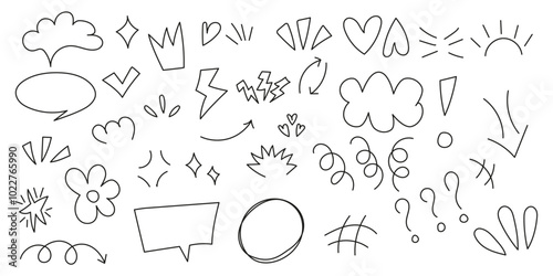 Set anime emotion effect. hand-drawn cute cartoony expression sign doodle line stroke.