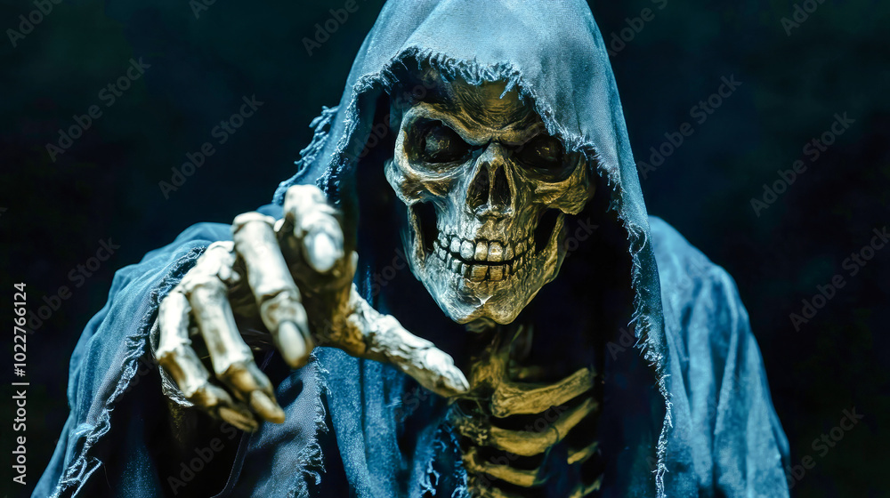 A grim reaper in a dark blue cloak extends gnarled fingers on a black background in a close-up, capturing a haunting, lifelike presence A grim reaper in a dark blue cloak extends gnarled fingers on a black background in a close-up, capturing a haunting, lifelike presence