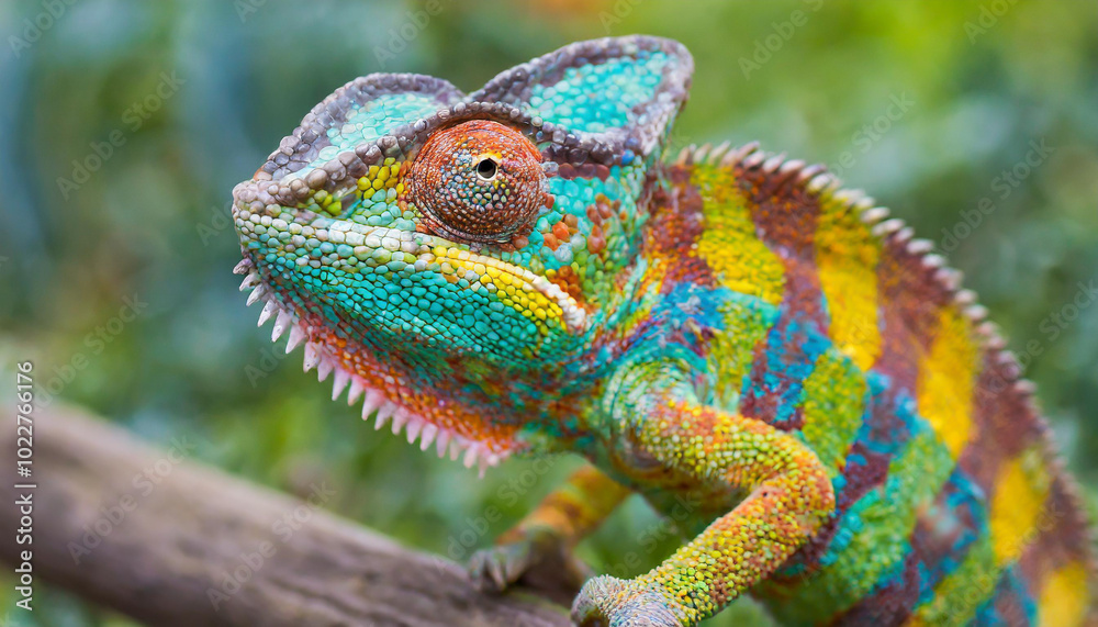 Colorful chameleon perched on a branch in a lush habitat showcasing vibrant scales and unique features during daylight hours Colorful chameleon perched on a branch in a lush habitat showcasing vibrant scales and unique features during daylight hours