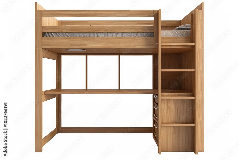 Modern wooden loft bed with a desk and storage in a minimalistic design Modern wooden loft bed with a desk and storage in a minimalistic design