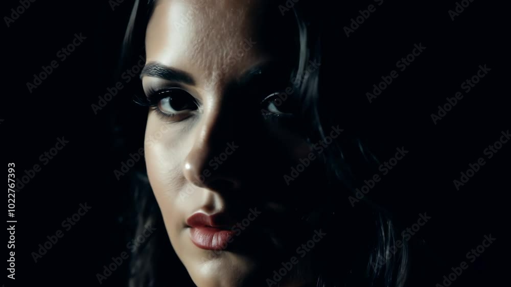 Dramatic portrait of woman in low light with intense gaze and shadow play Dramatic portrait of woman in low light with intense gaze and shadow play