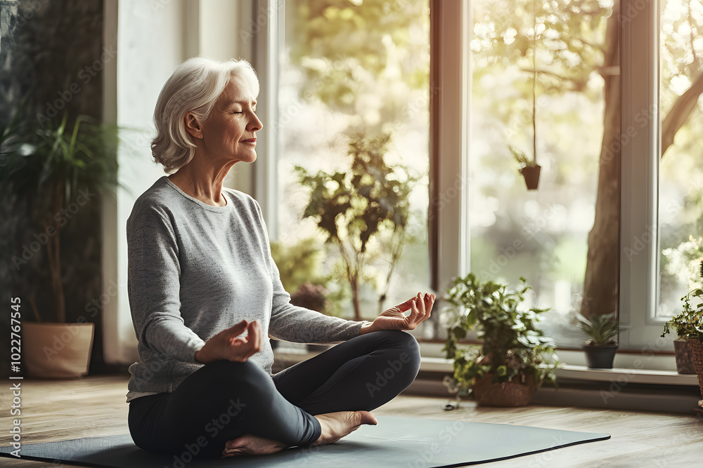 Senior woman meditating on the mat at home Senior woman meditating on the mat at home