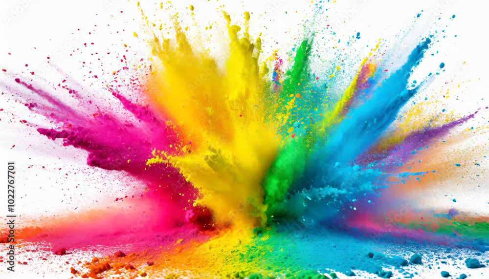 Vibrant explosion of colored powders creating a lively spectacle on a white background during a sunny day celebration Vibrant explosion of colored powders creating a lively spectacle on a white background during a sunny day celebration