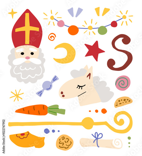 Colored vector set. Traditional holiday St. Nicholas Day, symbols. Sinterklaas in red miter, staff, carrots, cookies and candies, horse, garland.