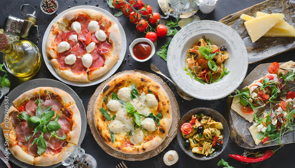 Delicious Italian feast featuring pizzas, pasta, and fresh ingredients on a rustic table Delicious Italian feast featuring pizzas, pasta, and fresh ingredients on a rustic table