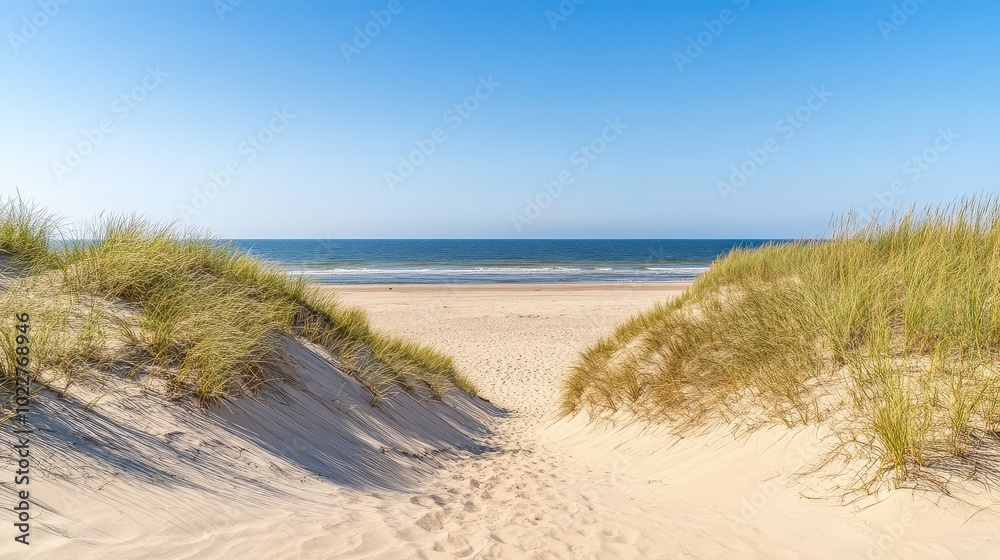 A serene beach view framed by golden dunes and lush grass, under a clear blue sky, inviting relaxation and natural beauty. A serene beach view framed by golden dunes and lush grass, under a clear blue sky, inviting relaxation and natural beauty.