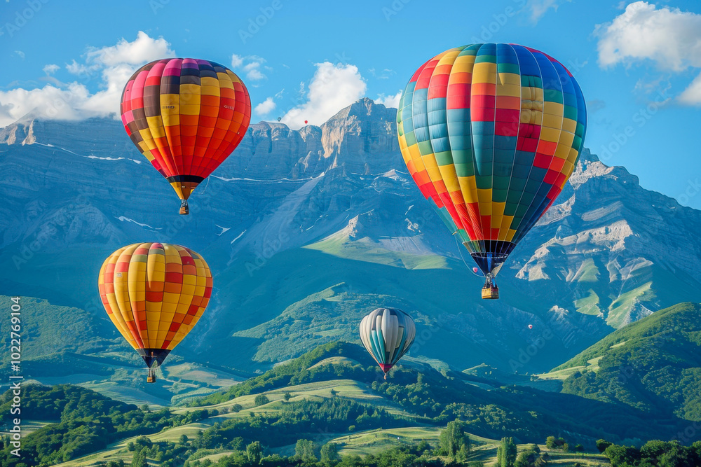 Obraz premium Colorful hot air balloons flying over mountain