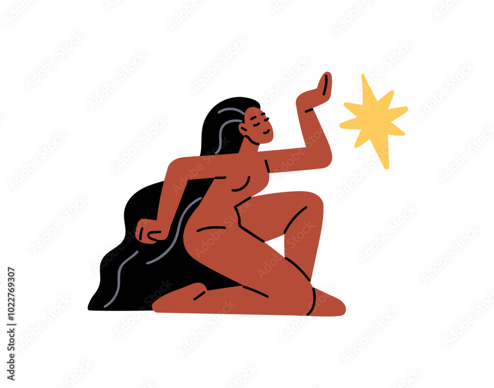 Black girl with naked body sits in spiritual posture. Nude young woman holds hands in sacred pose to celestial star. Ancient ethnic design element, logo. Flat isolated vector illustration on white