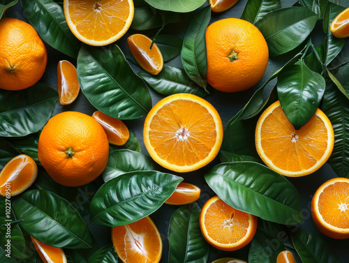 fresh circle orange fruits with leaves as background, top view