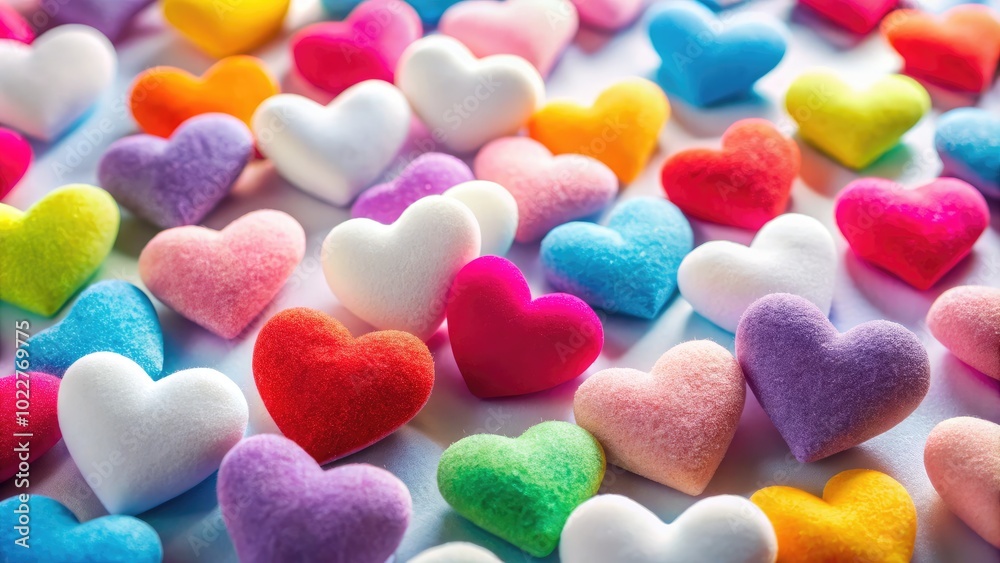 Fototapeta premium Soft White Background Adorned with Colorful Hearts for Romantic and Celebration Themes