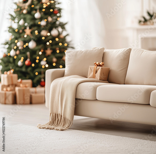 A white, modern living room with a beige sofa and a Christmas tree decorated