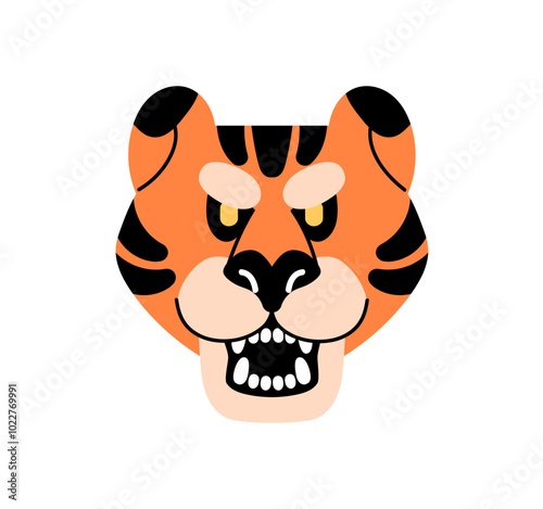 Angry tiger roars. Icon of striped wildcat head with rage on muzzle. Big cat of jungle, rainforest with fangs in open jaw. Wild exotic animal. Flat isolated vector illustration on white background