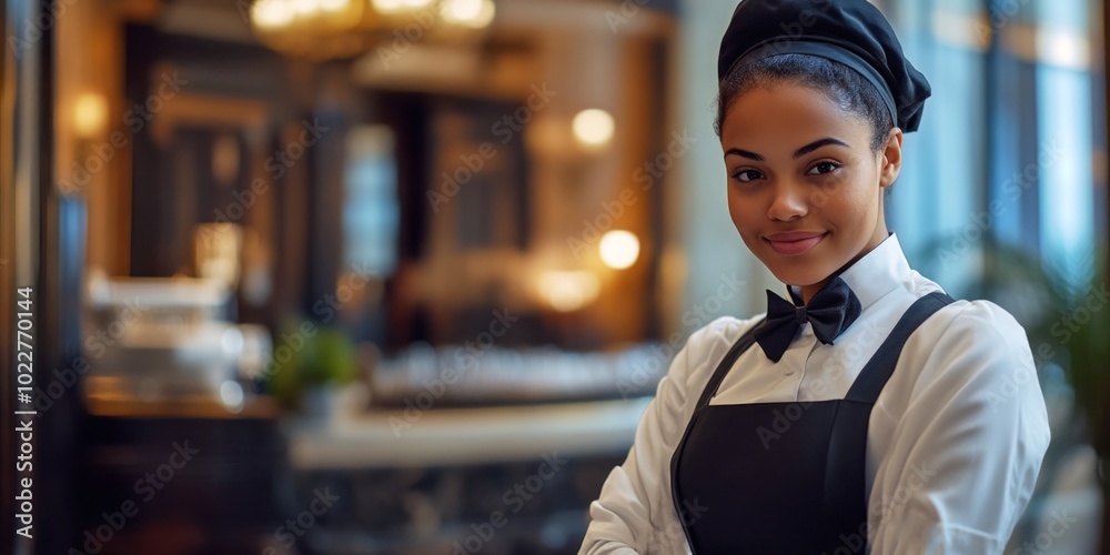 A confident waitress poses in a stylish dining area. The elegant atmosphere complements her professional look. Ideal for showcasing hospitality and service excellence. AI A confident waitress poses in a stylish dining area. The elegant atmosphere complements her professional look. Ideal for showcasing hospitality and service excellence. AI