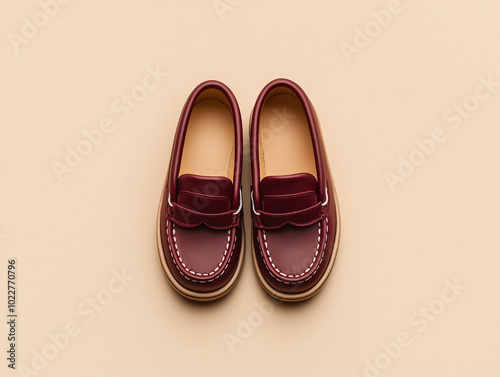 A pair of beautiful kid's burgundy loafer shoes on a solid background