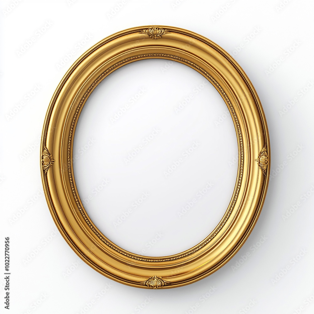 Oval Round Golden Photo Frame on Solid White Background Oval Round Golden Photo Frame on Solid White Background