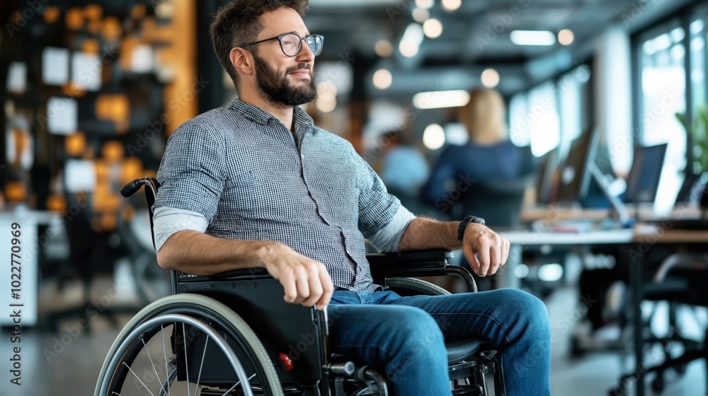 Fototapeta premium Man in a wheelchair smiling in a modern office environment with people and laptops in the background