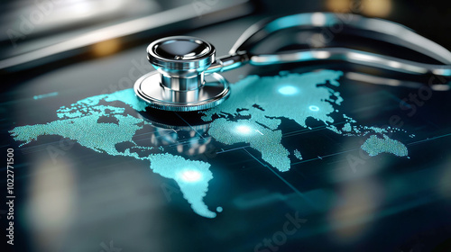 High-resolution 3D rendering of a world map with a stethoscope emphasizing global healthcare amidst a dark background photo