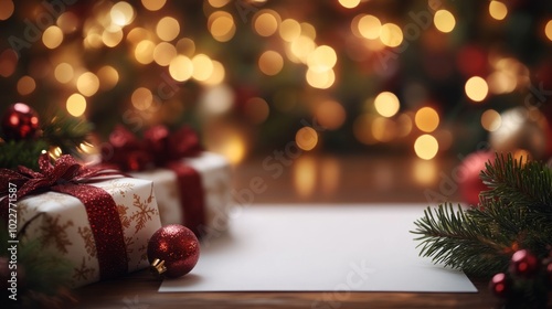 Christmas card rests on a wooden table amidst wrapped presents, with twinkling christmas tree lights in the background