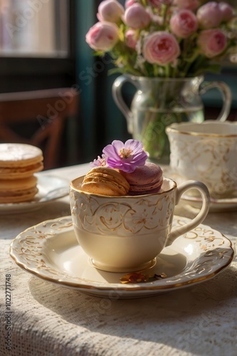 Wallpaper Mural Cup of macarons with cookies on decorative plate, flowers in background Torontodigital.ca