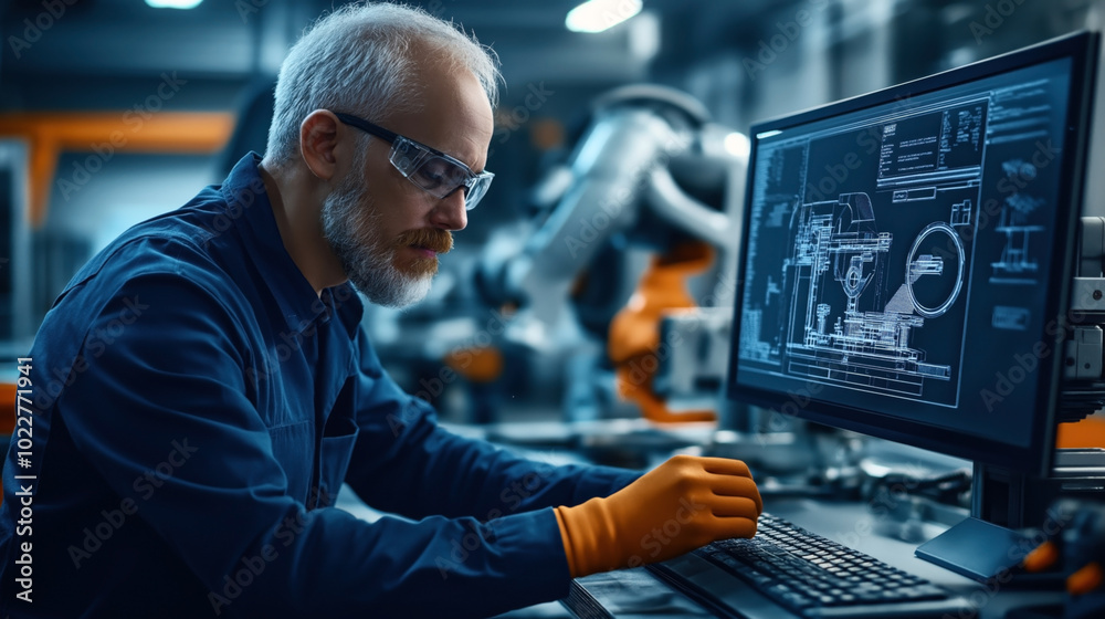 Engineer with gray beard and safety glasses works on computer with technical drawings in a high-tech laboratory or workshop environment. Engineer with gray beard and safety glasses works on computer with technical drawings in a high-tech laboratory or workshop environment.