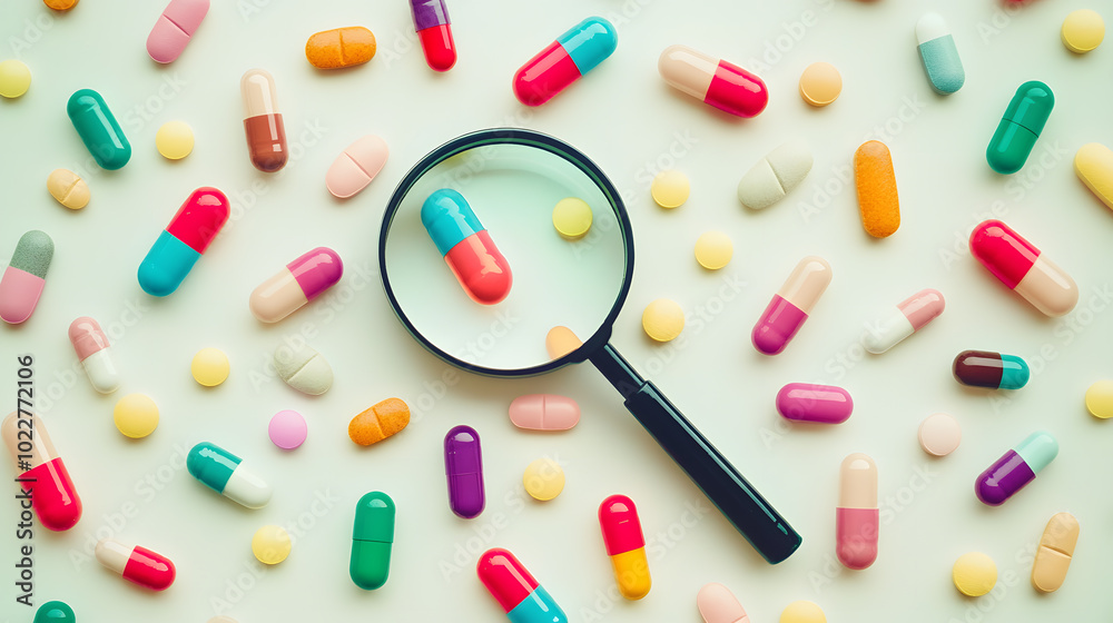 Top view colorful pills capsules with magnifying glass background