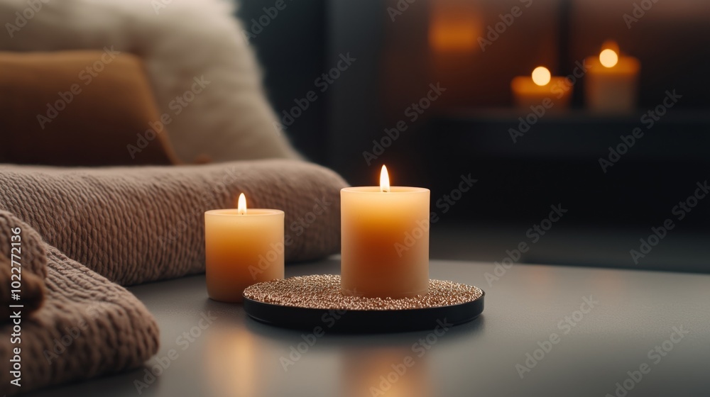 A cozy living room scene featuring lit candles on a tray, surrounded by soft knitted blankets, creating a warm and relaxing atmosphere with a focus on comfort and tranquility A cozy living room scene featuring lit candles on a tray, surrounded by soft knitted blankets, creating a warm and relaxing atmosphere with a focus on comfort and tranquility