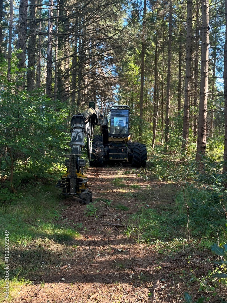 Fototapeta premium A forestry machine parked on a forest trail surrounded by tall trees, prepared for logging or maintenance work in the woods under a clear sky.